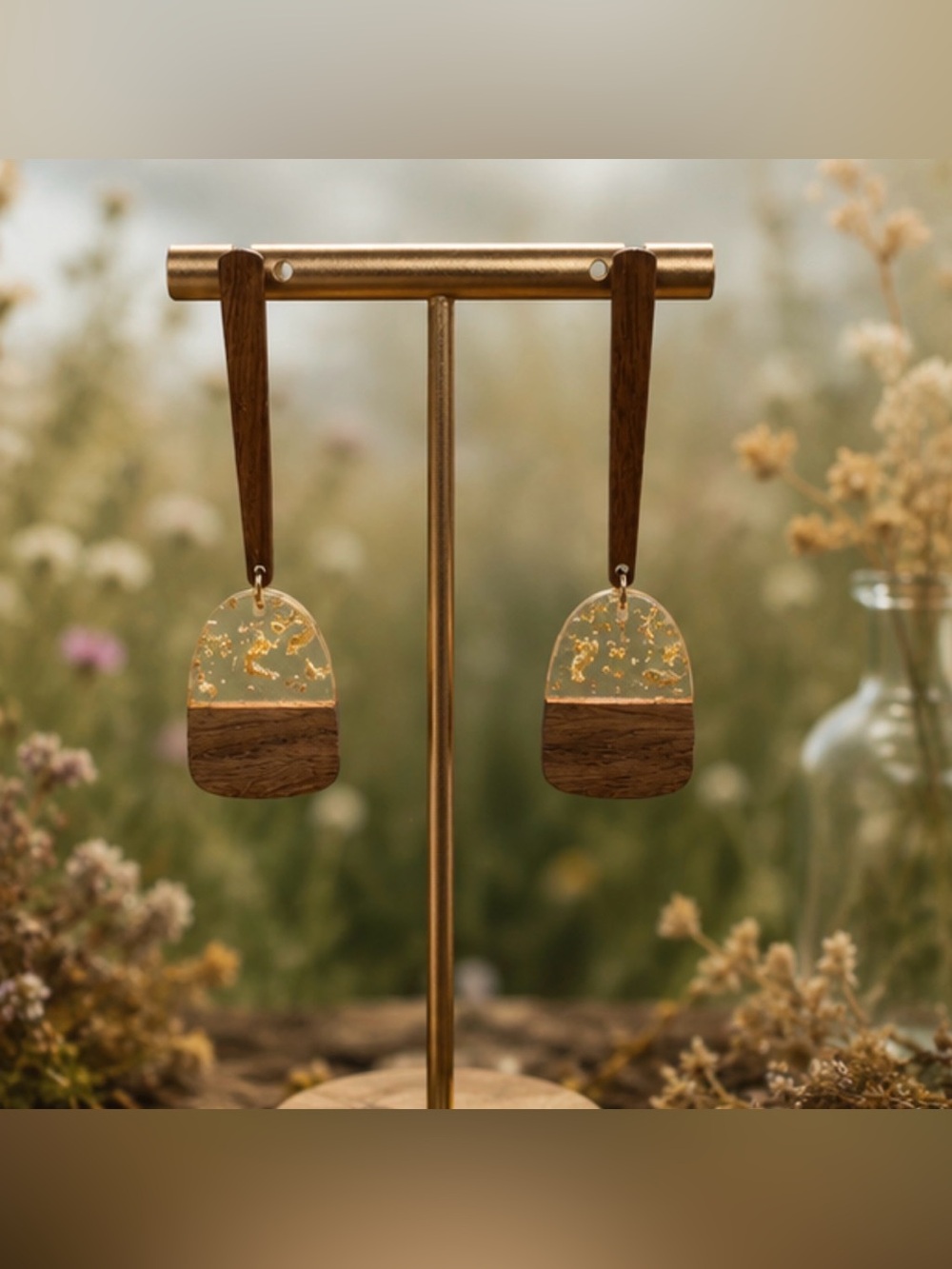 Hand Crafted Wood and Gold Leaf Dangle Earrings